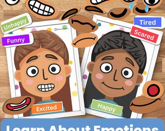 Op de afbeelding: Twee kleurrijke kaarten met illustraties van gezichten. De kaarten zijn gelabeld met verschillende emoties: Ongelukkig, Grappig, Opgewonden, Gelukkig, Moe, Bang. De kaarten zijn omringd door verschillende gezichtskenmerken, zoals ogen, mond en wenkbrauwen. De tekst "Leer over emoties" staat onderaan de afbeelding.
