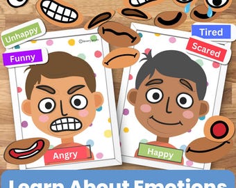 Op de afbeelding: Twee geïllustreerde gezichten met verschillende emoties, één boos en één blij. De gezichten worden omringd door verschillende gezichtsuitdrukkingen, waaronder wenkbrauwen, ogen, monden en neuzen. De woorden "Unhappy", "Funny", "Angry", "Happy", "Tired" en "Scared" staan op kleurrijke labels.