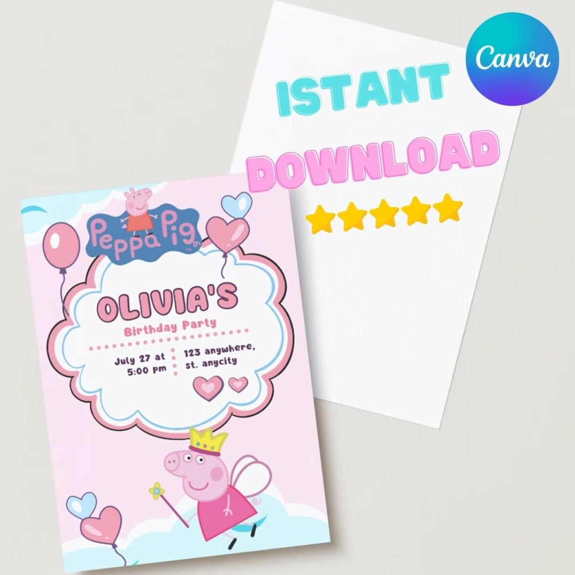 Peppa Pig Birthday Invitation CANVA Template Editable Printable ...