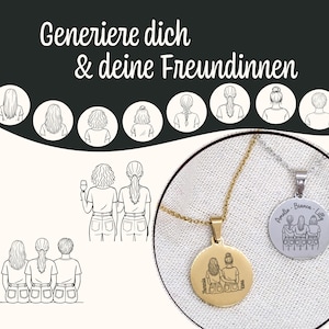 Könnte beinhalten: Gold- und Silberanhänger-Halsketten mit eingravierten Illustrationen von Freundinnen. Der goldene Anhänger zeigt zwei Figuren, während der silberne Anhänger vier zeigt. Das Bild enthält auch Strichzeichnungen von Frisuren und den Text "Generiere dich & deine Freundinnen."
