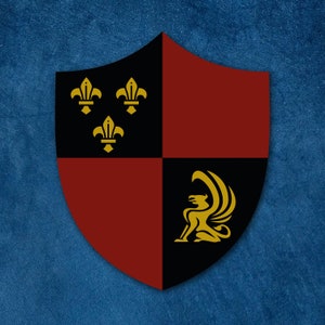 May include: A black and red shield with a gold griffin and three gold fleurs-de-lis.