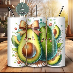May include: White stainless steel tumblers with avocado-themed designs. Each tumbler features a different avocado illustration, including a smiling avocado with a bow, and avocado slices. The design includes hearts and the text "10 Free Designs".