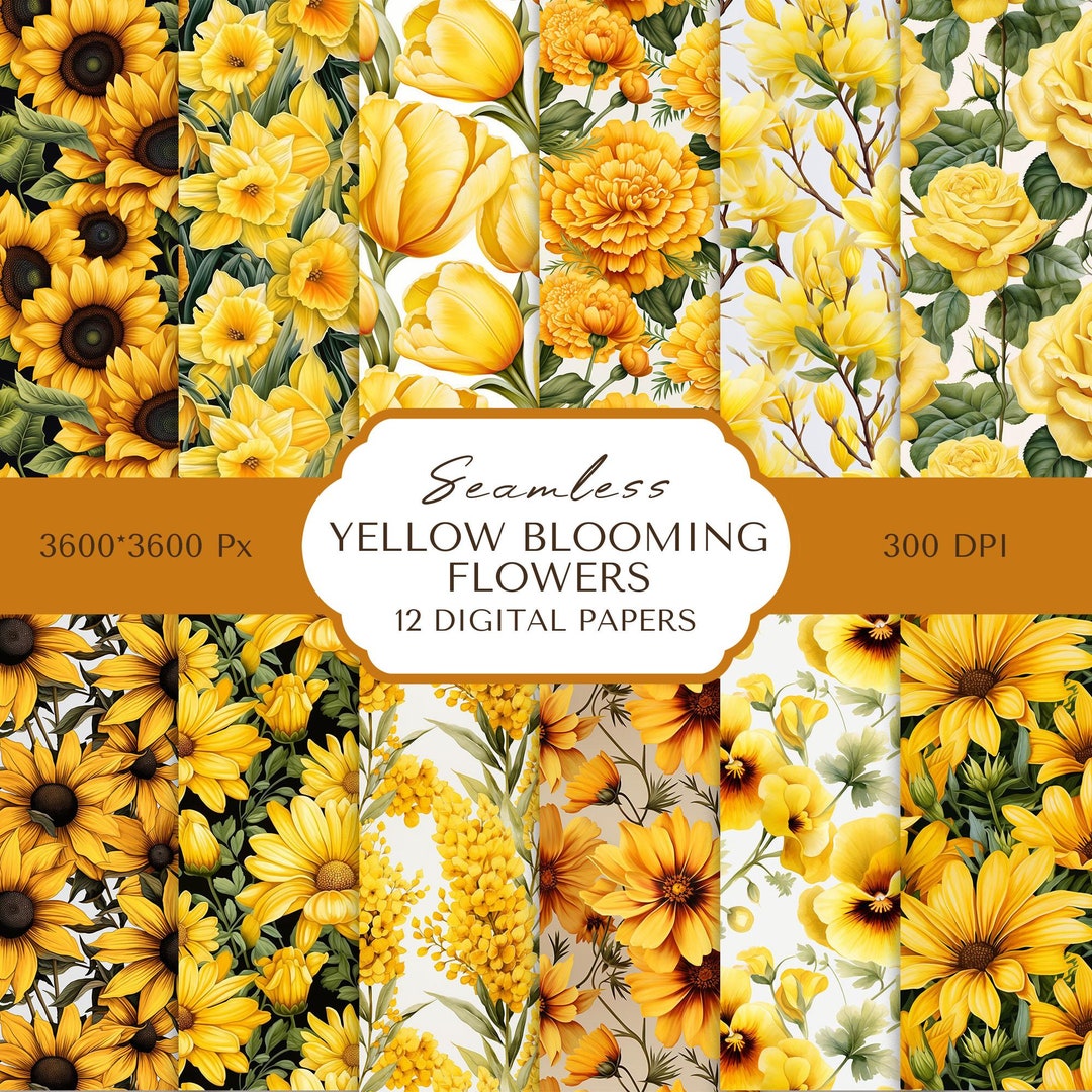 Yellow Floral Digital Paper Yellow Blooming Flowers Seamless Digital ...