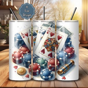 Diseño de sublimación PNG para vasos de 20 oz con diseño de naipes, vaso de póker, vaso delgado de 20 oz con sublimación digital