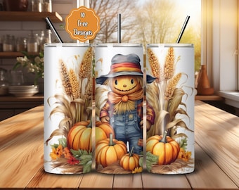 Fall 20oz Tumbler Wrap PNG: Scarecrow Pumpkin Tumbler Sublimation Design (Digital Download)