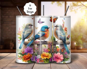 Watercolor Birds Tumbler Wrap: 20oz Skinny Sublimation Design (PNG Download)