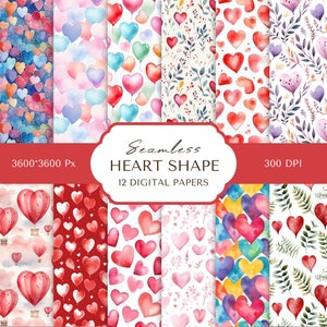 Papel digital de coração aquarela | Padrão digital sem costura | Uso comercial | Papel para scrapbook | Corações aquarela | Papel digital de dia dos namorados