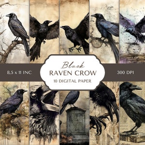 Zwart digitaal papier raafkraai | Raven Junk Journal-pagina's | Digitale raafafdruk | Digitale Halloween-achtergrond | Kit voor gotische tijdschriften