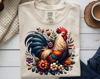 Rooster PNG: Floral Feathered Farm Bird Sublimation Design for T-shirts & Mugs (Digital Download)