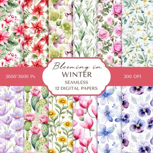 Winter Flower Digital Paper Pack | Winter Floral Repeating Pattern | Scrapbook Paper | Wrapping Paper | Commercial Use