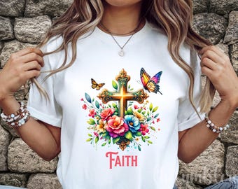 Cruz de fe floral PNG: Diseño de sublimación de camiseta cristiana (descarga digital)