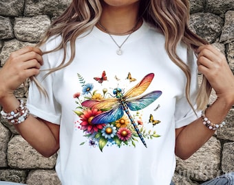 Regenbogen Libelle Sublimation Design: Floral T-Shirt Clipart (Digitaler Download PNG)