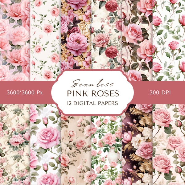 Pink Roses Digital Paper | Seamless Vintage Pink Rose Pattern | Rose Background | Digital Scrapbooking | Valentine's Day Digital Paper