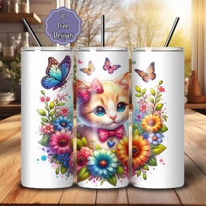 Blumenkätzchen 20 Unzen Tumbler Wrap Png Sublimationsdesign, süße Katzen Tumbler Png, 20 Unzen Skinny Sublimation für Becher Design Digital Download