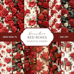 Papel Digital Rosas Vermelhas | Padrão de Rosas Vermelhas Vintage Sem Costura | Uso Comercial | Scrapbooking Digital | Papel Digital Dia dos Namorados