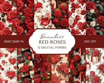 Rode rozen digitaal papier | Naadloos vintage rood roospatroon | Commercieel gebruik | Digitale scrapbooking | Valentijnsdag digitaal papier