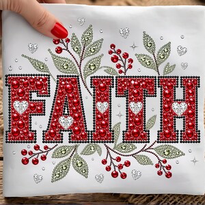 May include: White square with the word "FAITH" in red, embellished with red and black beads. The letters are outlined in black beads and feature heart-shaped accents. Green and gold leaf and berry accents surround the word.