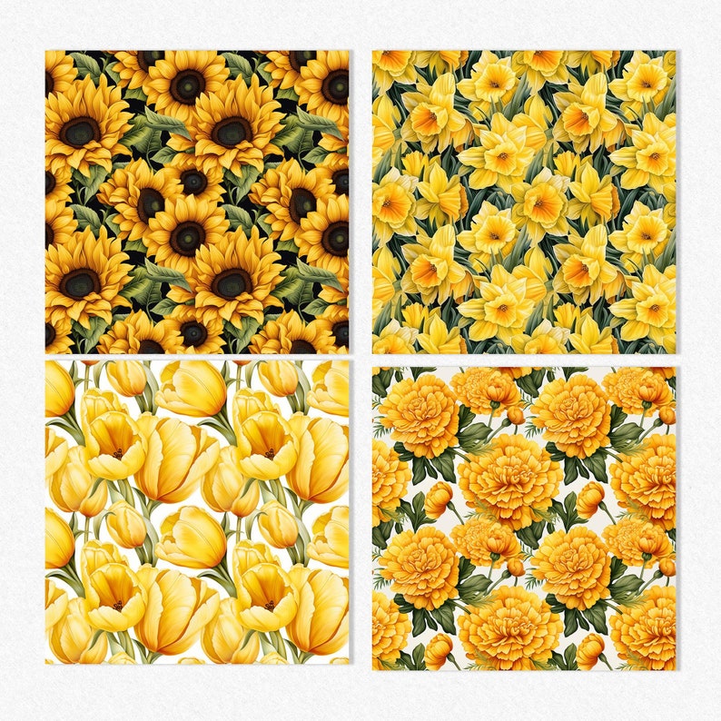 Yellow Floral Digital Paper Yellow Blooming Flowers Seamless Digital ...