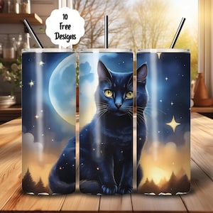 黒猫タンブラーラップ、20オンス スキニー昇華タンブラーデザイン、ハロウィンタンブラーラップ、黒猫PNGダウンロード、黒猫タンブラーデザイン