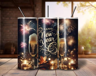 Embalagem para copo de champanhe Feliz Ano Novo, design fino de sublimação de 20 onças (download em PNG)