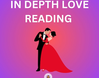 May include: A couple in formal attire dances together. The man wears a black tuxedo and the woman wears a red gown. The text "IN DEPTH LOVE READING" is at the top of the image. The text "TAROT BY ZELLE" is at the bottom of the image.