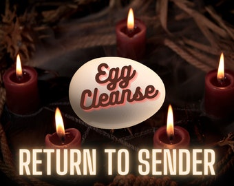 May include: A white egg with the text "Egg Cleanse" in red and white lettering, surrounded by five red candles and a rope. The text "RETURN TO SENDER" is written in yellow letters below the egg. The text "TAROT BY ZELLE" is written in black letters below the text.
