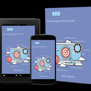 May include: A blue and white ebook cover with the title "SEO: Die verborgene Macht des SEO" by Peter Netwrite. The cover features a cartoon illustration of a laptop with a magnifying glass over a target.