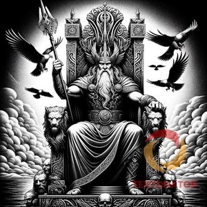 Puede incluir: Una ilustración en blanco y negro de una figura poderosa sentada en un trono con una lanza en la mano. La figura está rodeada de leones y pájaros, y el trono está adornado de forma elaborada.