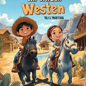May include: A book cover with a colorful illustration of two children riding horses in a western town. The title of the book is "Im Wilden Westen" and the subtitle is "DLI & MARTINA". The book includes 24 western stories and 24 coloring pages.