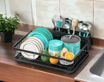 2-Tier Small Dish Drainer with Drain Board Plastic Dish Drying Rack and  Drip Water Tray Set-Pour Spout Design for Kitchen Sink