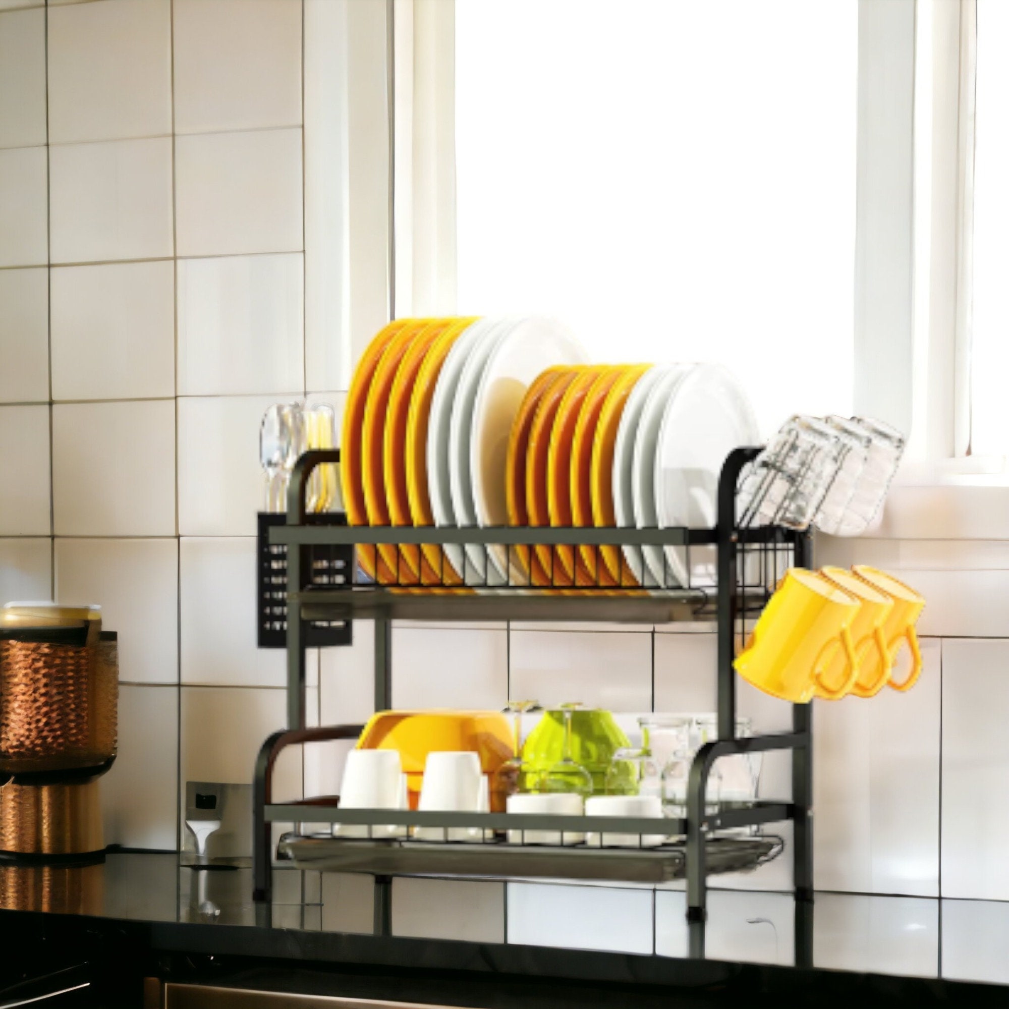 Epsy Large Kitchen 2 Tier Dish Drying Rack and Drainboard Set - Kitche