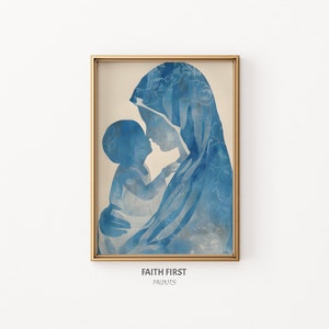 Può includere: Un dipinto ad acquerello blu di una madre e un bambino. La madre tiene il bambino tra le braccia e si guardano. Il dipinto è incorniciato in una cornice dorata.