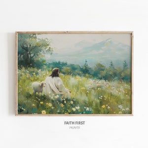 Jesús deja a los 99 / Parábola de la oveja perdida / Arte de Jesús / El Buen Pastor / Pintura de Jesucristo / Arte mural de las Escrituras / Regalo cristiano