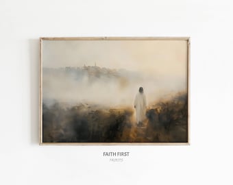 Jésus surplombant Jérusalem | Paysage de Jérusalem | Art mural chrétien | Portrait du Christ | Art biblique