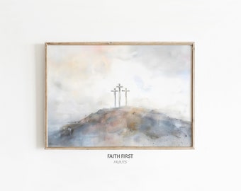 Drie kruisen bij het schilderen op Calvarieberg | Jezuskunst | Jezus kruisiging | Christelijke muurkunst | Geloofskunst | Bijbeltekstkunst | Lukas 23