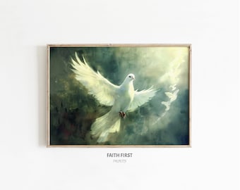 May include: A white dove with outstretched wings flies through a green and blue watercolor background. The dove is in focus, while the background is blurred. The text "FAITH FIRST" is printed below the image.