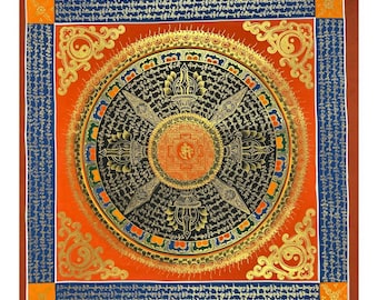 神聖な青い虹の曼荼羅。タンカ画「オム・マニ・パドメ・フム