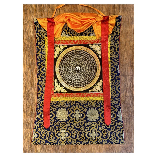 Black & Gold Mantra Mandala with flowers, Spiritual Art, Tibetan Wall Hanging, Hand-painted, Om Mani Padme Hum, Silk Framed, Ritual Item