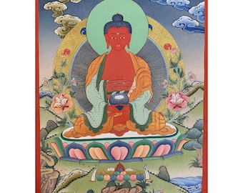 Amitabha Buddha Thangka Painting, Enlightened Thangka, Pure Land Buddhism Wall Tapestry, Meditative Amitabha Buddha Scroll, Buddhist Shrine