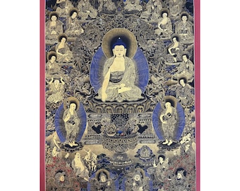 Shakyamuni Buddha Thangka with four kings, Enlightened Thangka, Tibetan Wall hanging, Master Painting, Ritual Items, Path to Liberation