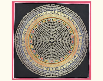 Mandala Om Mani Padme Hum pintada a mano - Thangka tibetano negro y dorado