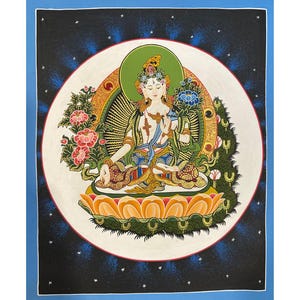 White Tara painting, Seven-eyed Tara, Female Buddha Thangka, Himalayan Tara painting, Compassionate mother goddess, Peaceful Tara