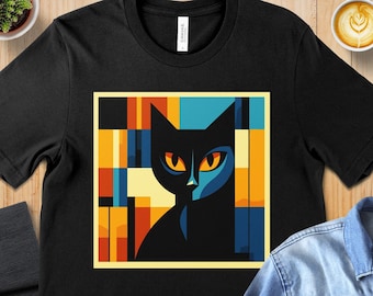Schwarzes Katzen-Kunst-Shirt – abstraktes Kunst-Katzen-Shirt – Unisex-T-Shirt für Katzen- und Kunstliebhaber – Geschenk für Besitzer einer schwarzen Katze – Geschenk für Katzenliebhaber