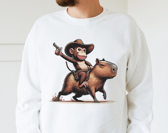 Capybara Sweatshirt: Funny Monkey Cowboy Rider Graphic