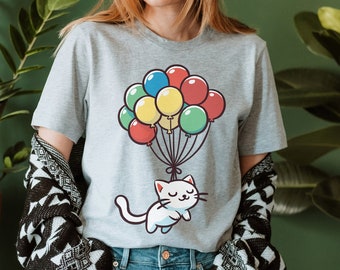 Cat Balloon T-Shirt, Cute Cat Floating with Balloons Graphic Tee, Whimsical Animal Shirt, Playful Cat Shirt, Adorable Cat Gift