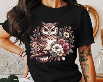 Camiseta de búho floral, regalo para amantes de la naturaleza y jardineros.