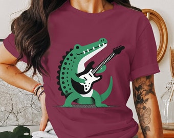 Krokodil gitaar tshirt, dierlijke krokodil T-shirt, dierlijke tshirt, wilde alligator tee, grappige dieren shirt, dierenvriend shirts
