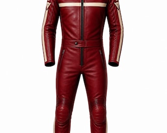 Rood leren motorpak, eendelig racepak, gepantserde motorkleding, café racer jumpsuit, vintage heren trainingspak, bikerkostuum