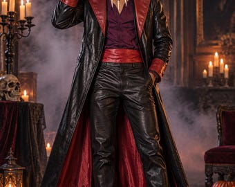 Heren Joker Halloweenkostuum, zwarte en rode leren jas en broek, gotische hoge hoed outfit, vampier steampunk circusdirecteur kostuum