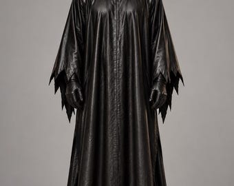 Zwarte leren horrormantel met capuchon – Gotische Halloweenkostuum lange cape, slasher cosplay cape, enge verkleedoutfit